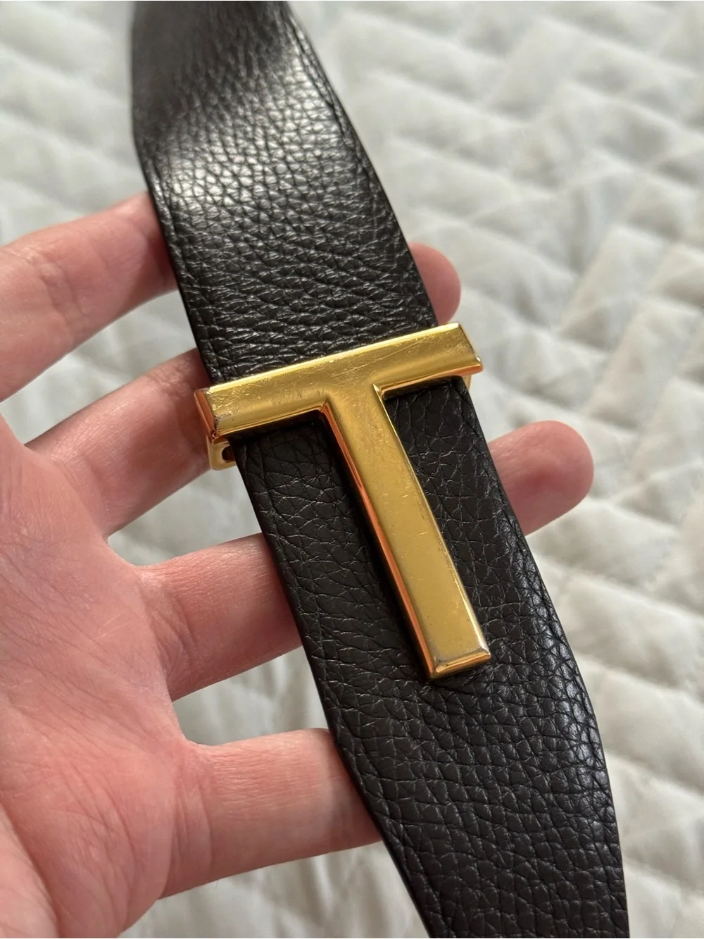 Tom Ford Signature T Buckle Grain Leather Belt Reversible Black Brown, Size 95